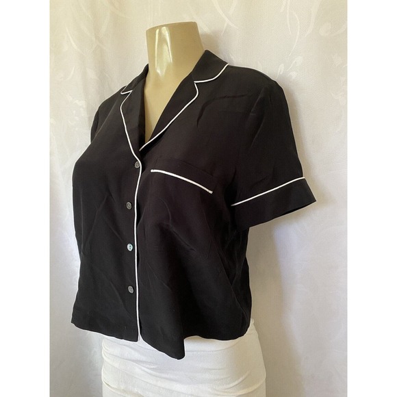FRAME PJ Piped Silk Pajama Shirt Black Top Button Down Short Sleeve V Ne… - Picture 3 of 6